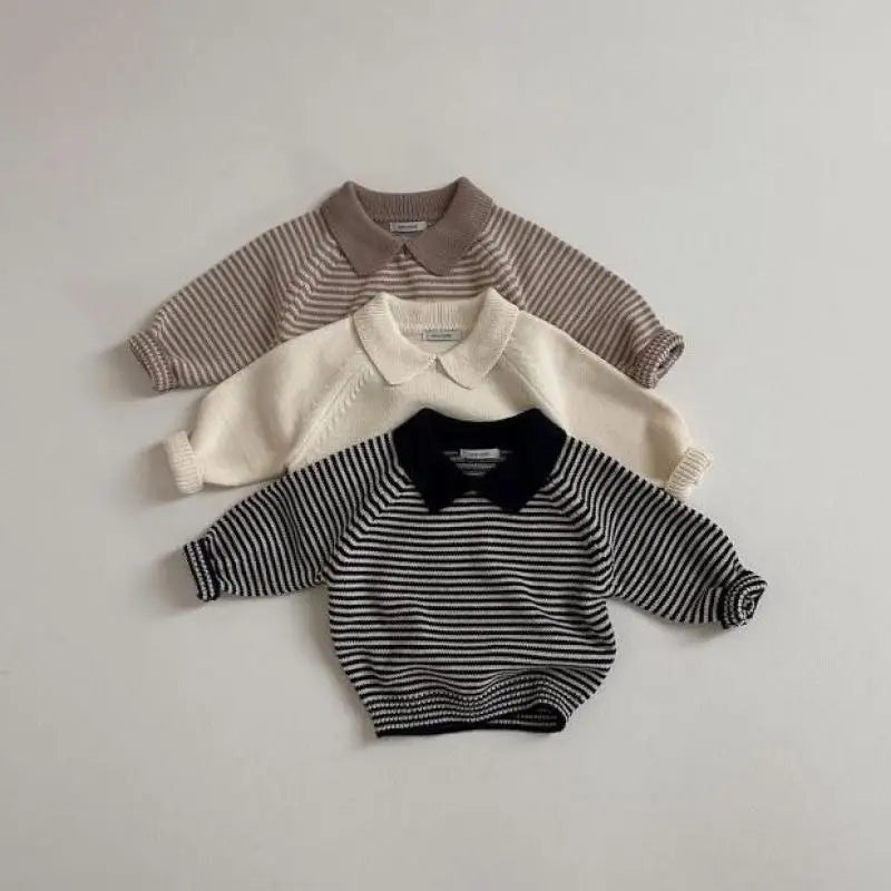 Sweater Kids Boys Girls Vintage Striped Lapel Sweater Cotton Baby Casual Polo Shirts