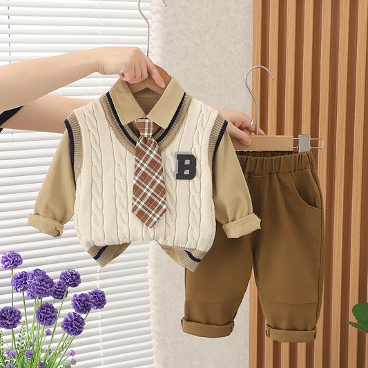 Winter Baby Boy Clothes 1 To 5 Years V-neck Sleeveless Sweater Vest + Shirts + Pants Outfits Childrens Clothing Set