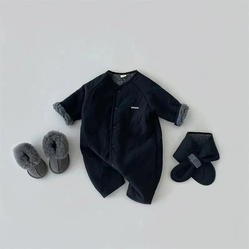 Korean Baby Jumpsuit Scarf Set Autumn Winter Lamb Wool Romper for Boys Girls