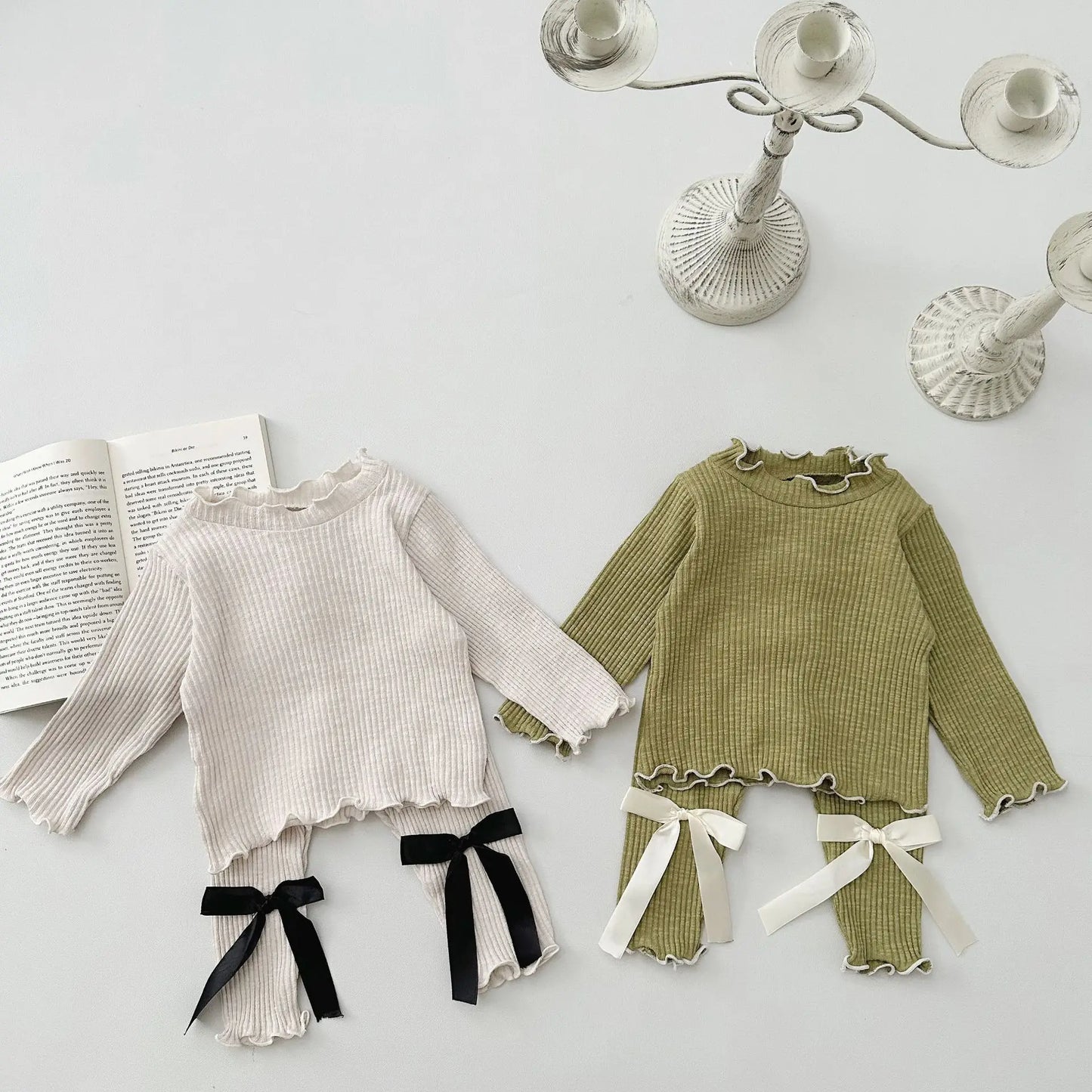 Newborn Baby Long Sleeve Clothes Set Infant Girl Solid Ribbed Tops + Bow Leggings 2pcs Suit Toddler