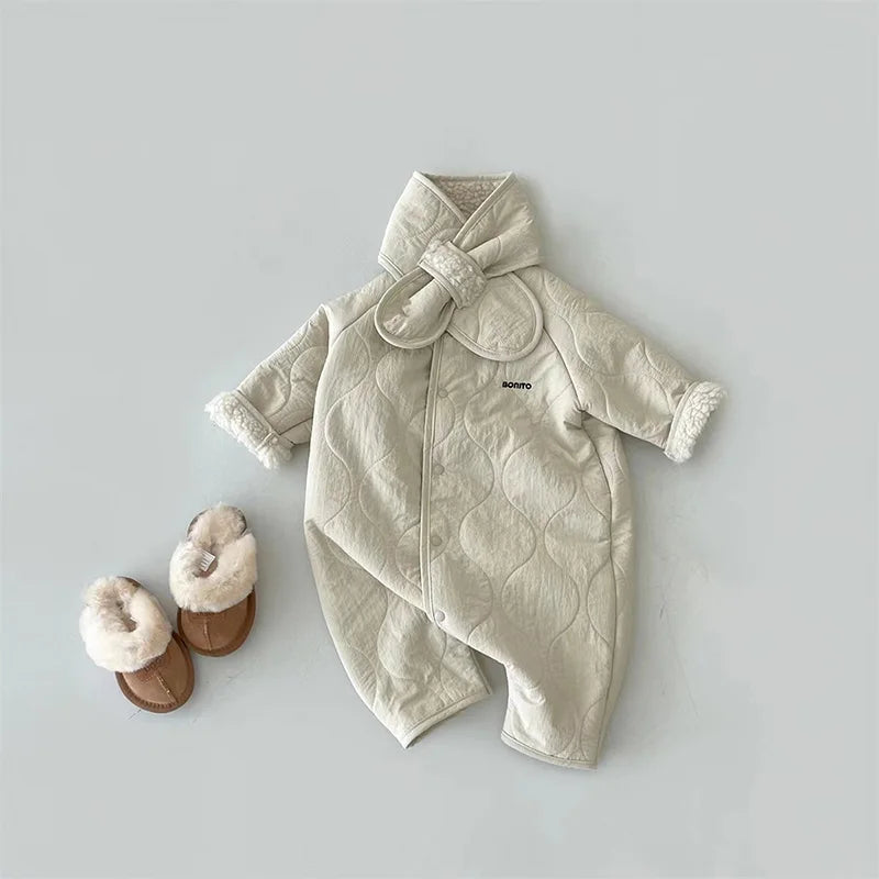 Korean Baby Jumpsuit Scarf Set Autumn Winter Lamb Wool Romper for Boys Girls