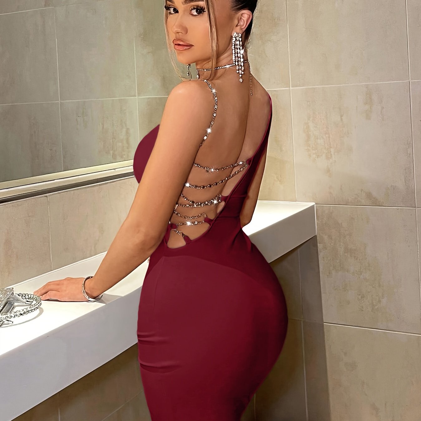 One Shoulder Bodycon Chain Dress,