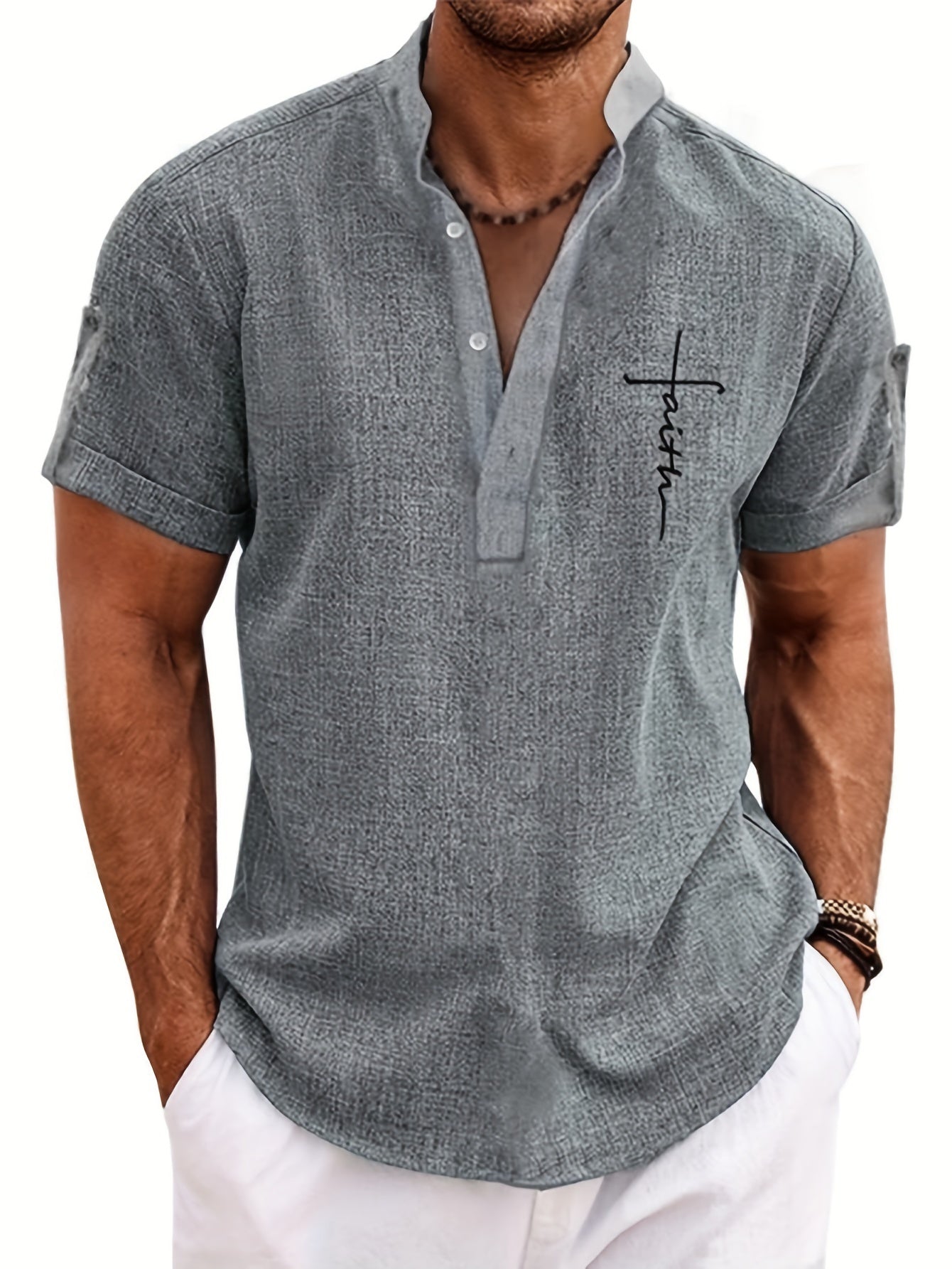 Men's Letter Print "FAITH" Short Sleeve Stand Collar Henley Shirt,