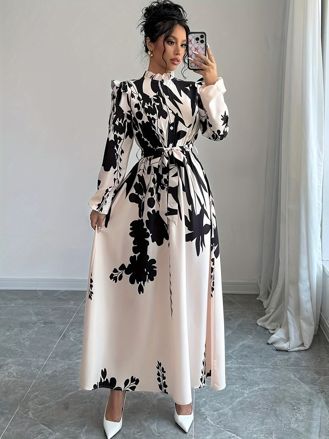 Elegant Floral Print Long Sleeve Dress.