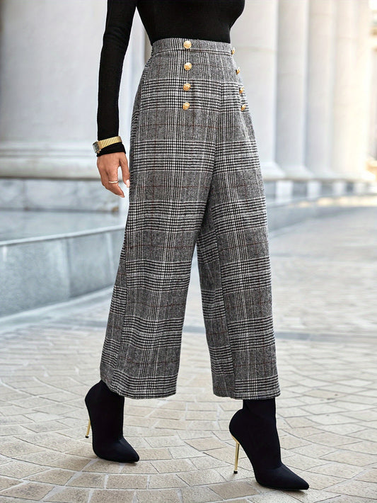 Plaid Button-Decor High-Waist Pants  Elegant Wide-Leg Pants  | Product Universal