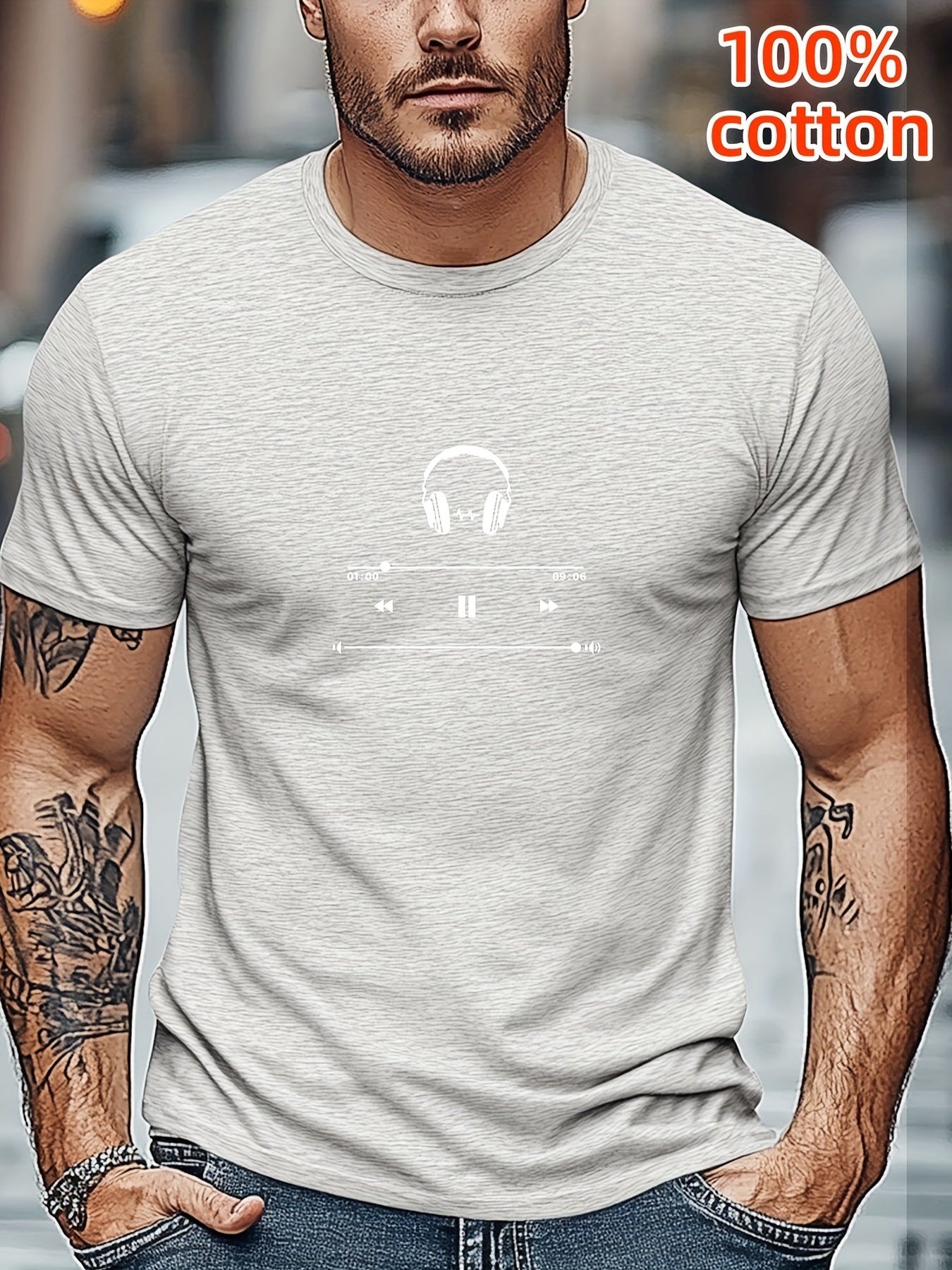 Men's Cotton T-Shirt with Headphones Music Design.