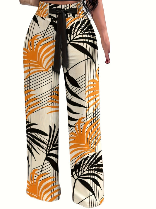 Plant Print Tie Waist Pants  Women's Clothing  | Product Universal