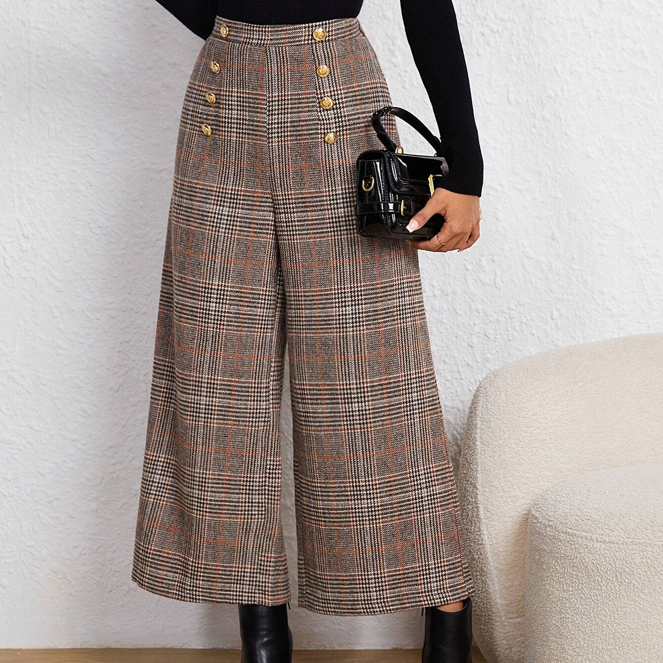 Plaid Button-Decor High-Waist Pants  Elegant Wide-Leg Pants  | Product Universal