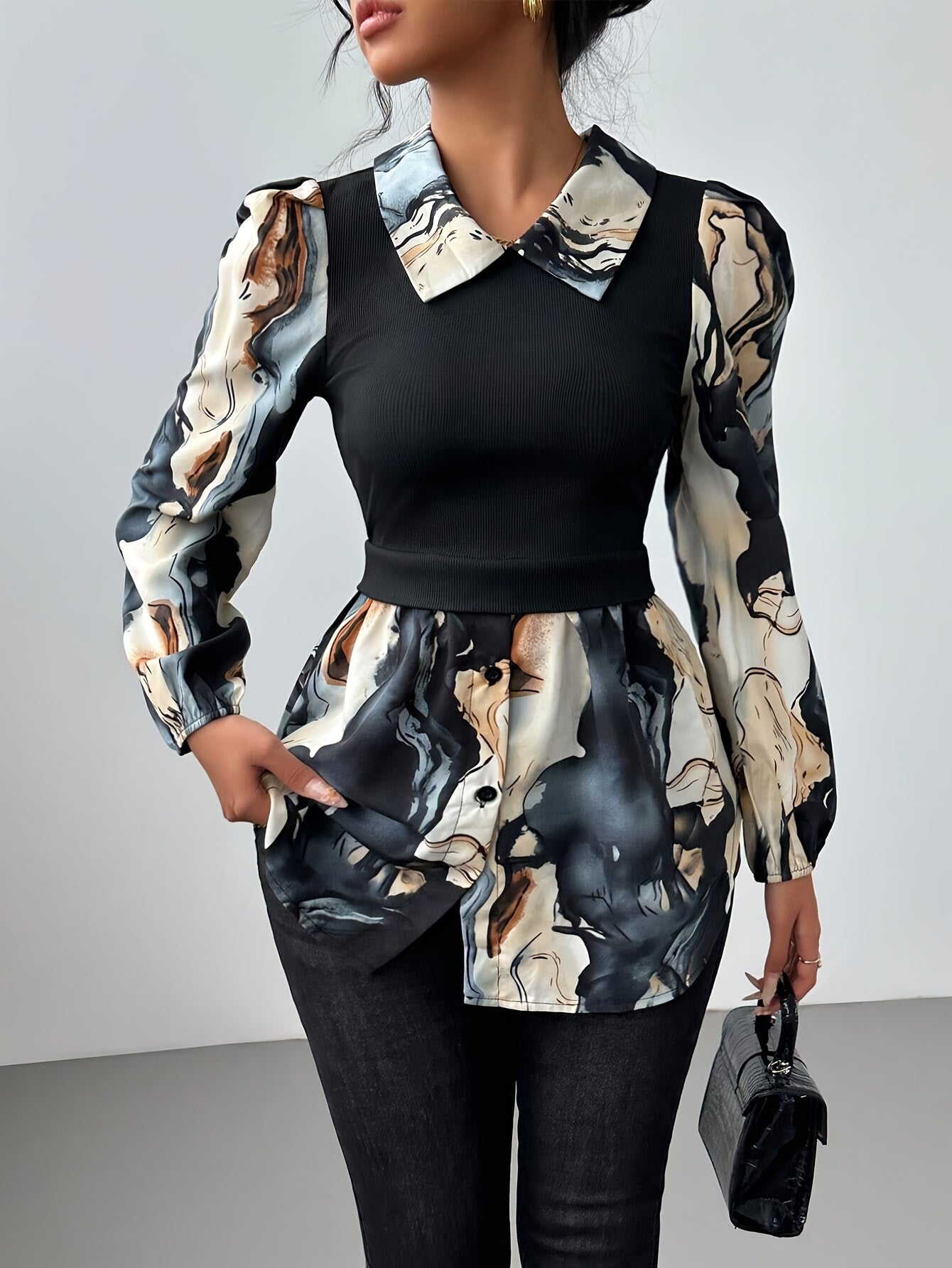 Contrast Collar Marble Print Blouse Stylish Women's Clothing | Product Universal