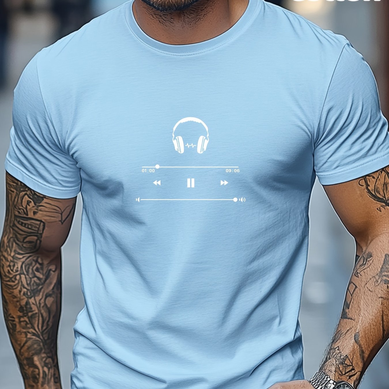 Men's Cotton T-Shirt with Headphones Music Design.