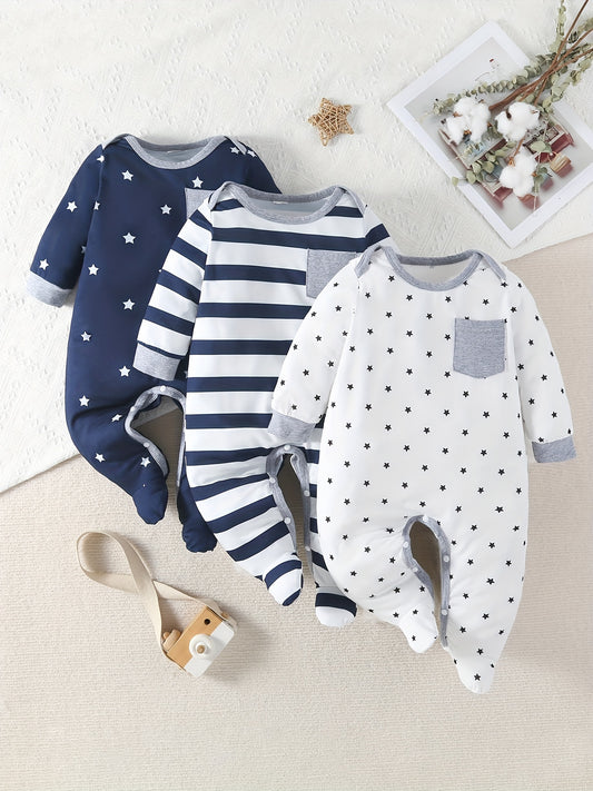 Baby Boys Star Printed Footed Bodysuit 3 Piece Outdoor Set