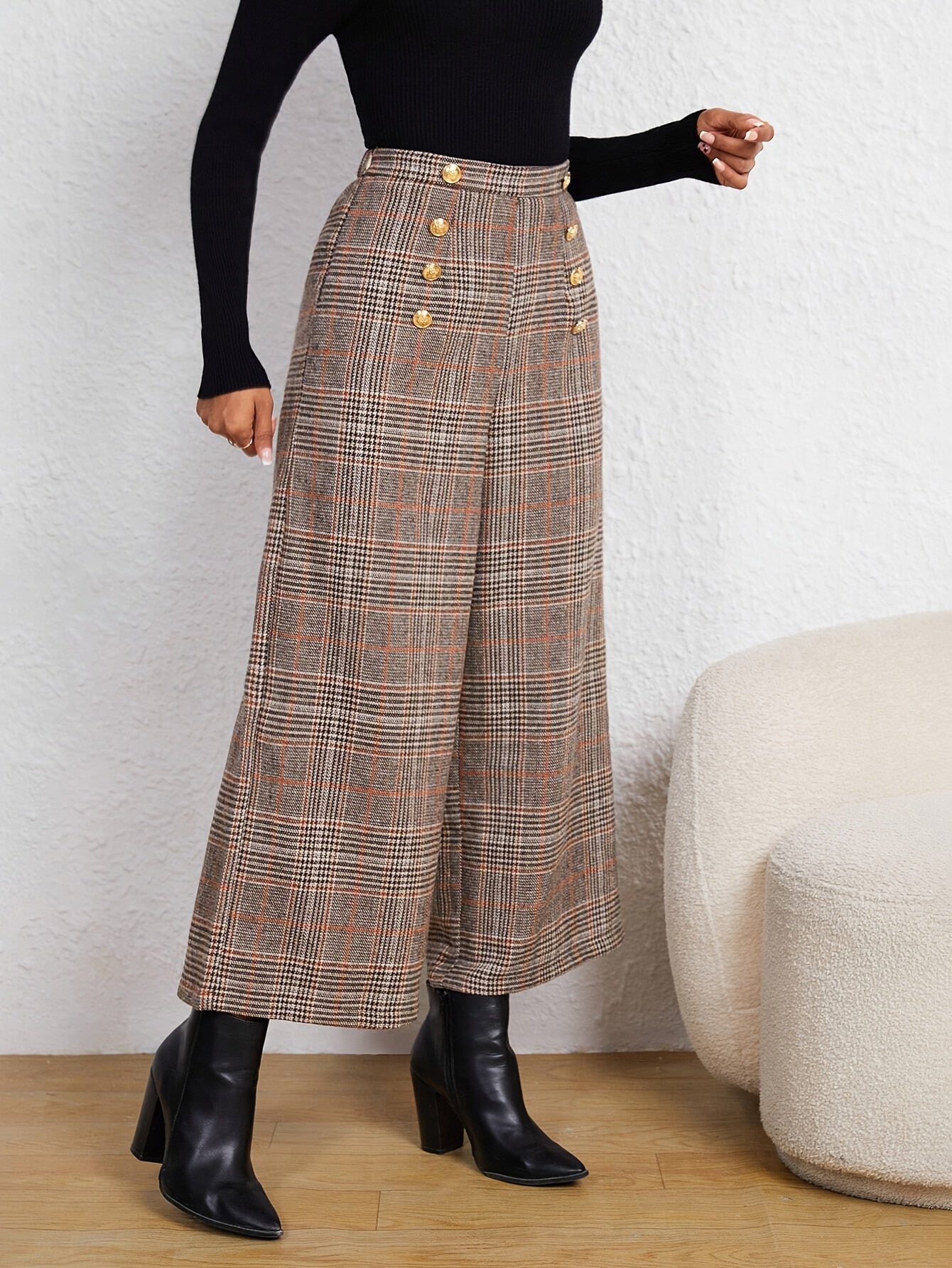 Plaid Button-Decor High-Waist Pants  Elegant Wide-Leg Pants  | Product Universal