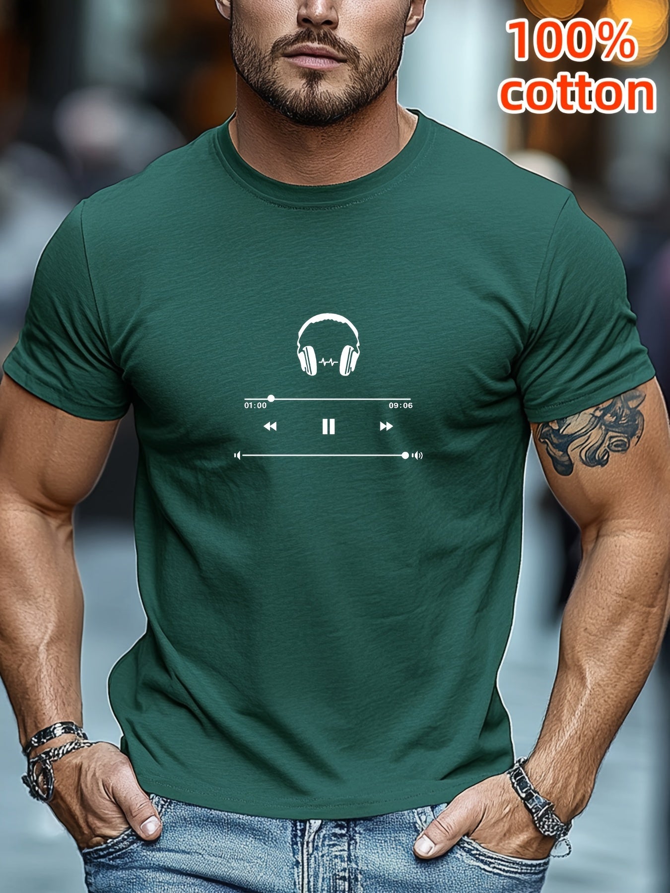 Men's Cotton T-Shirt with Headphones Music Design.