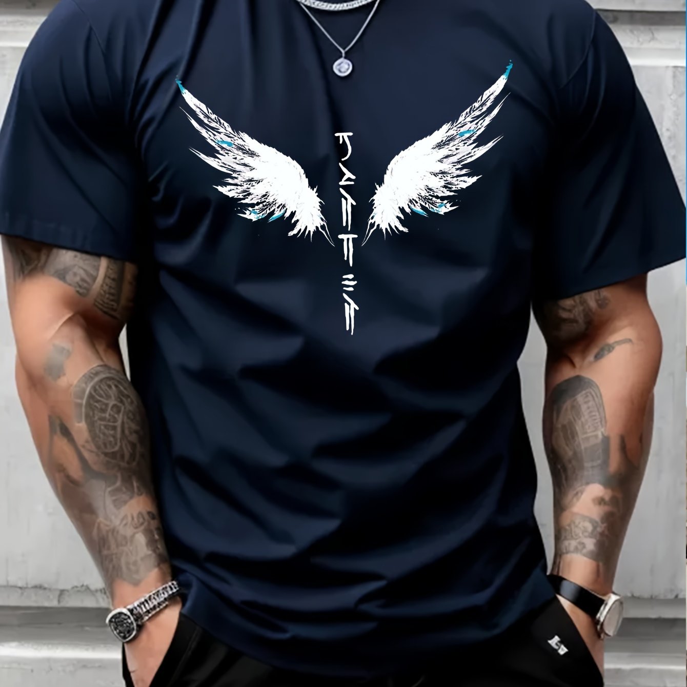 Wings Print Men's Creative Top, Casual Short Sleeve Crew Neck T-shirt, Men's.