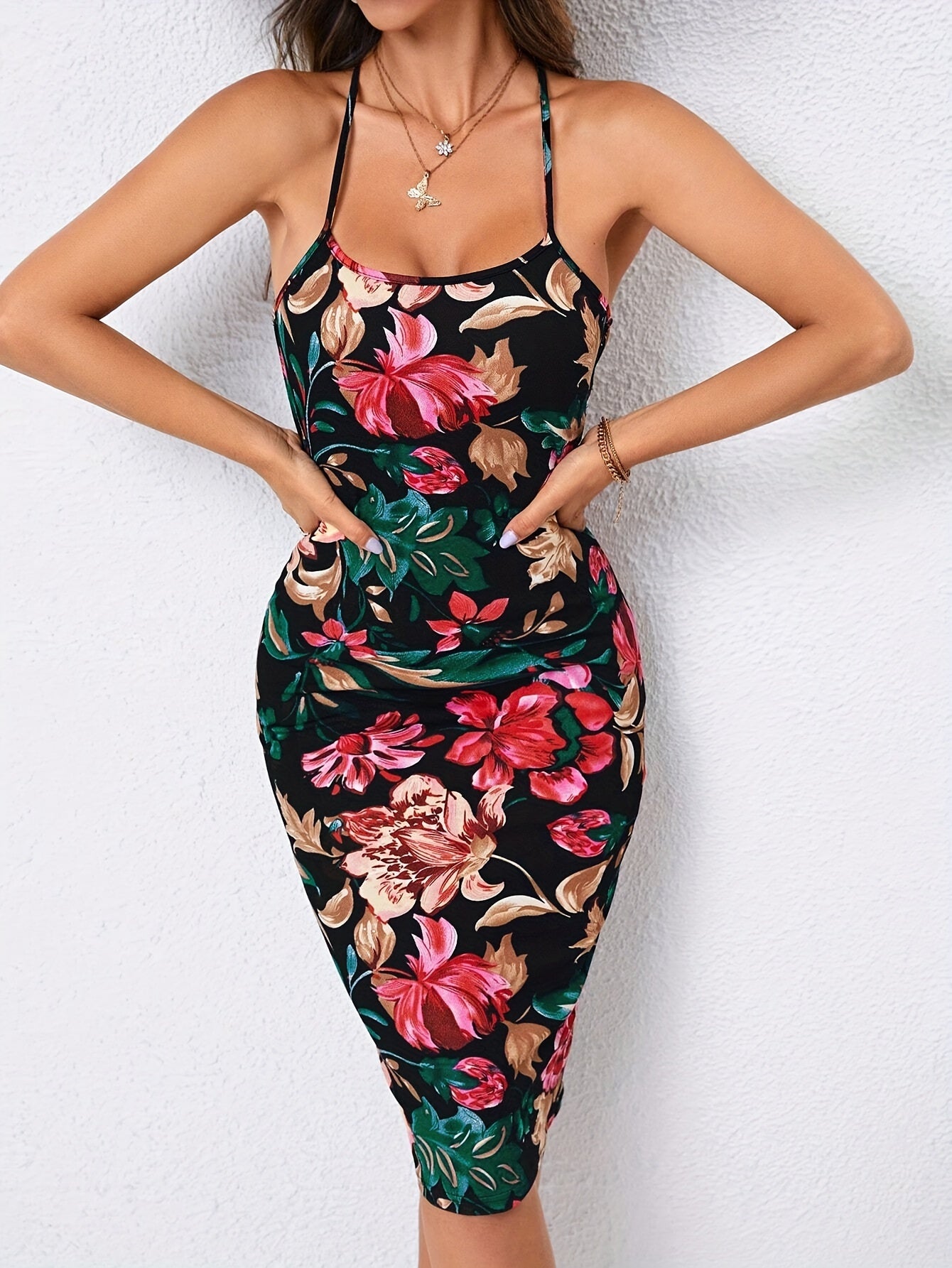 Floral Print Crisscross Backless Dress,