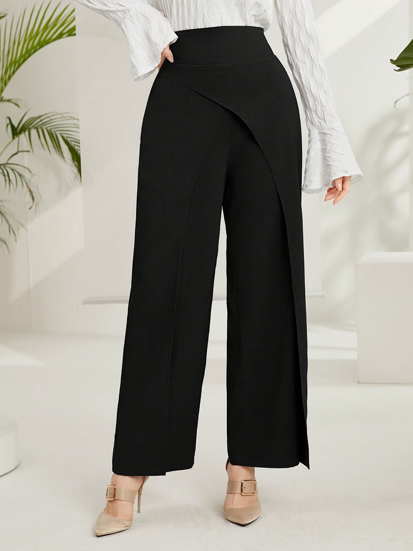 Solid Wide-Leg Layered Pants  | Product Universal