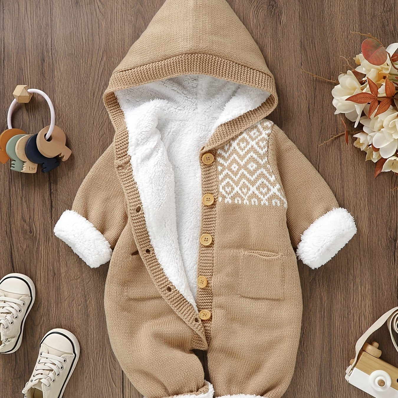 Newborn Boys And Girls Knitted Jumpsuit With Long Sleeve Hooded Pants Jumpsuit