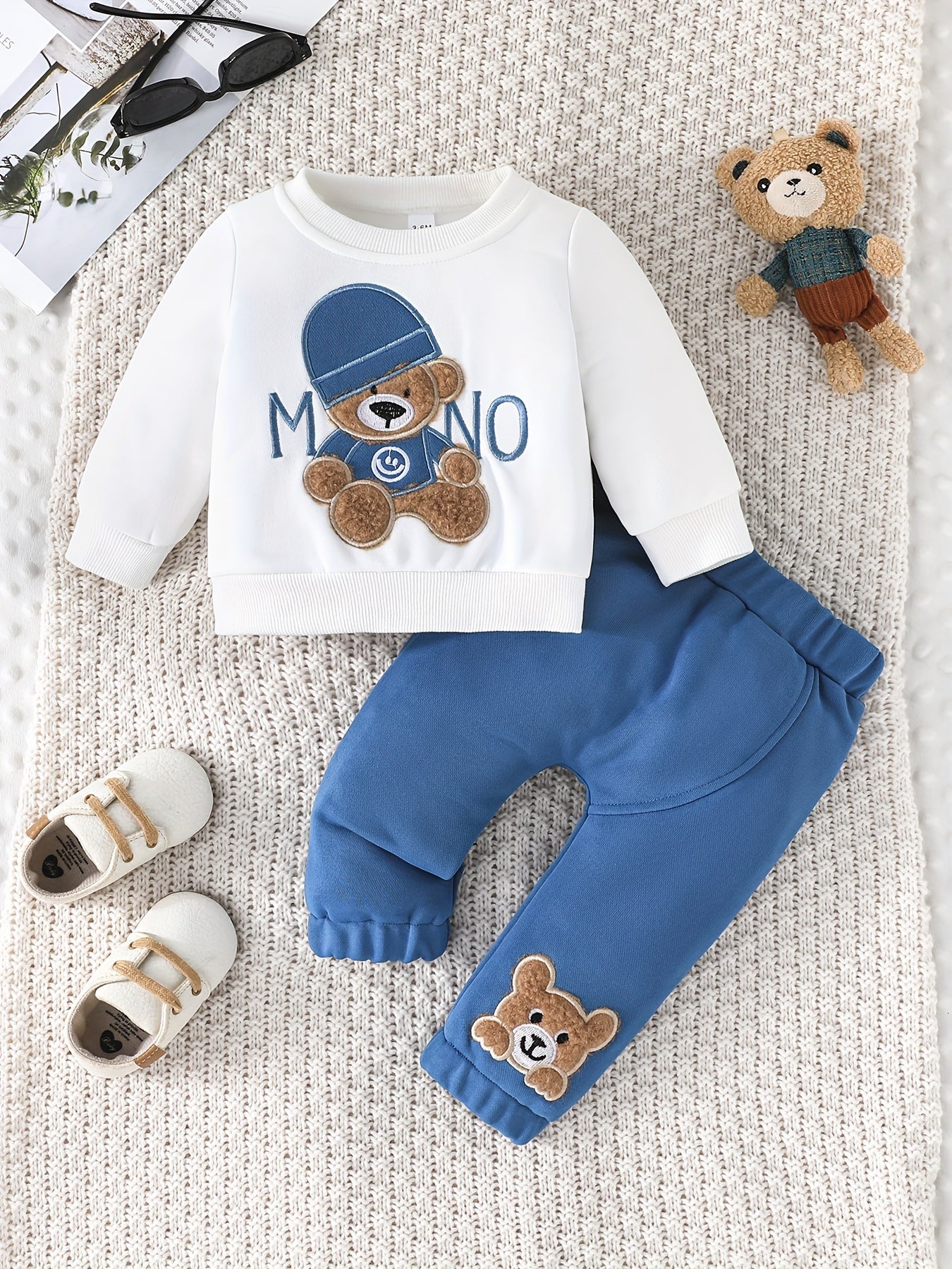 Baby  Cute Little Bear Print Sweatshirt Set, Long Sleeve Round Neck Top