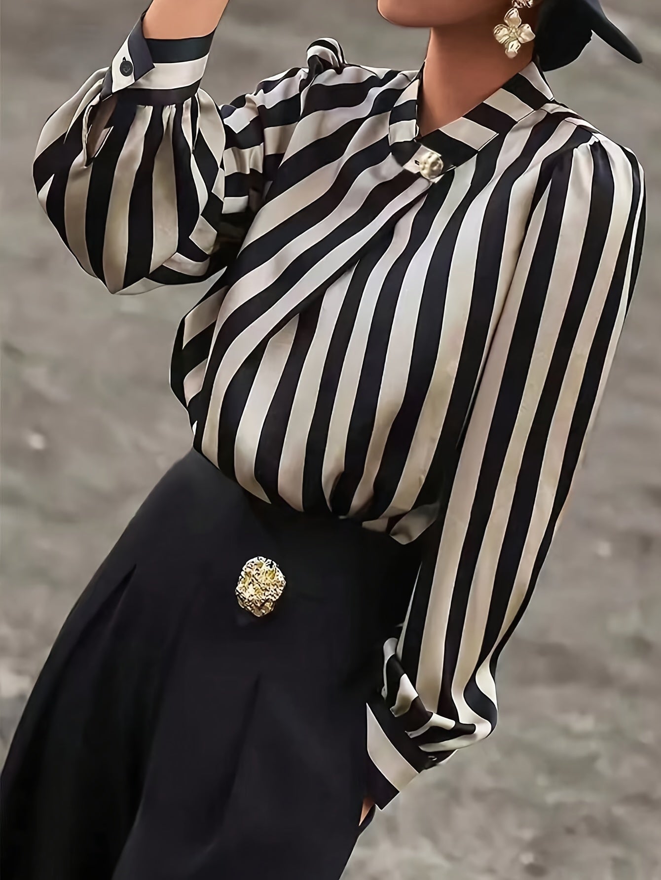 Women’s Elegant Striped Printed Shirt with Small Collar and Button Detail | Product Universal