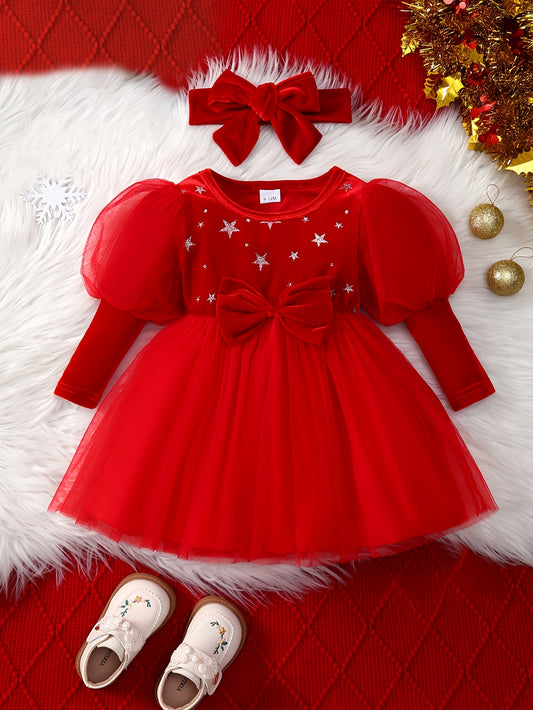 2pcs Girls' Festive Red Velvet Tulle Dress Set with Silver Stars and Bow Headband