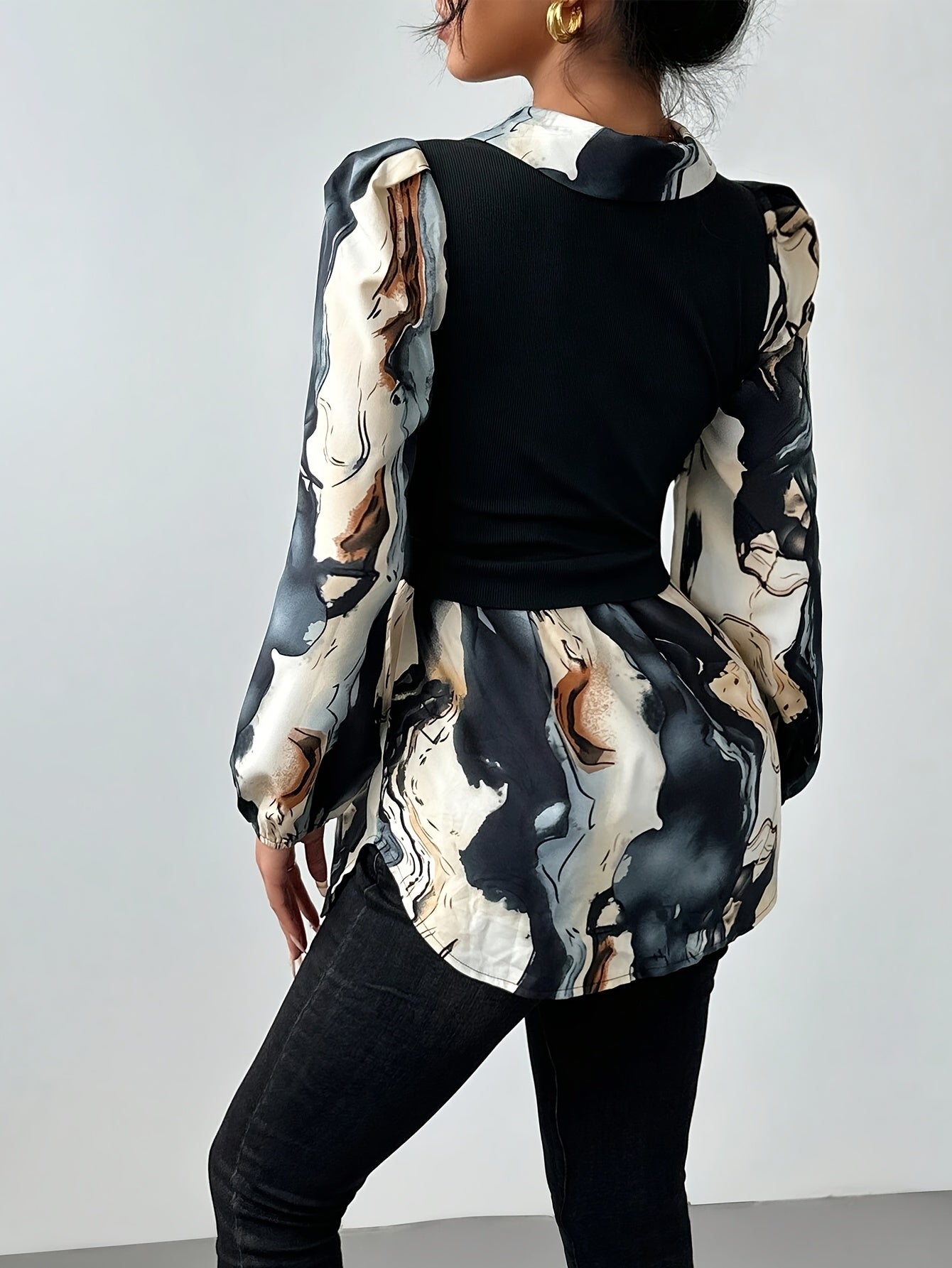 Contrast Collar Marble Print Blouse Stylish Women's Clothing | Product Universal