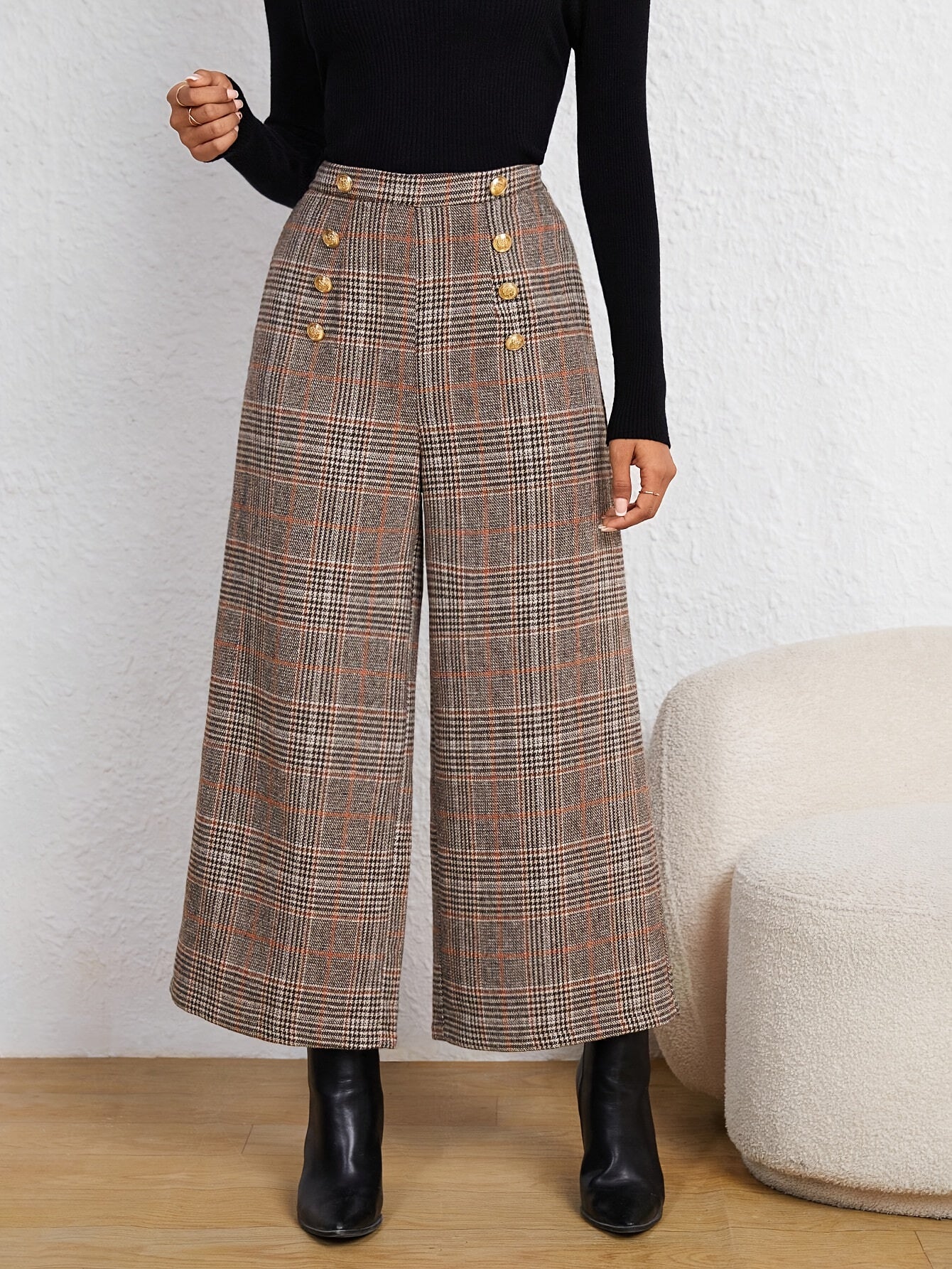 Plaid Button-Decor High-Waist Pants  Elegant Wide-Leg Pants  | Product Universal