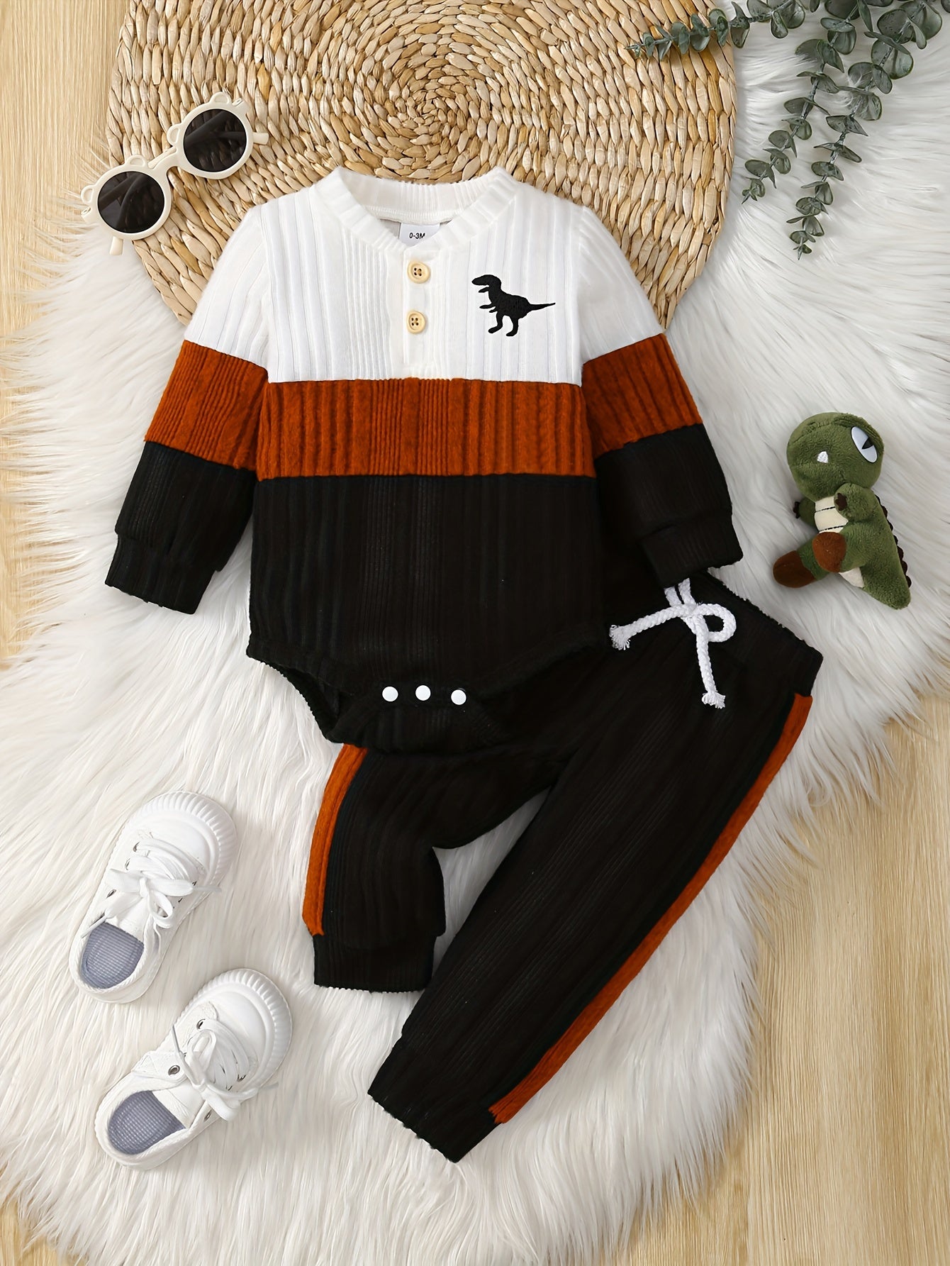 2pcs Cute Dinosaur Embroidered Striped Color Block Long Sleeve Bodysuit and Faux Drawstring Jogger Pants Set,