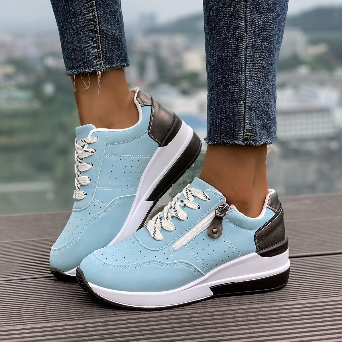 Women's Chunky Sneakers, Lace Up & Side Zipper