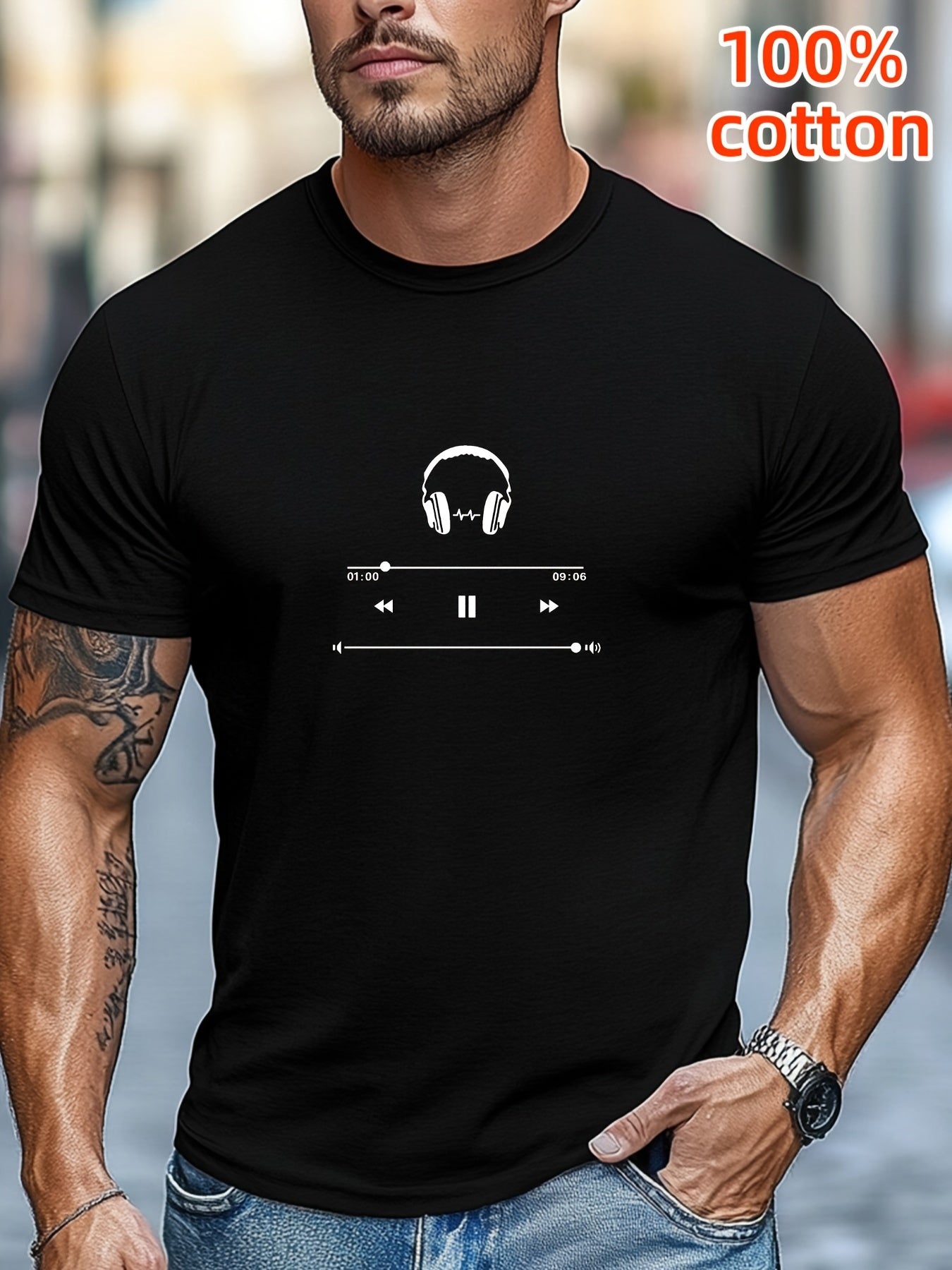 Men's Cotton T-Shirt with Headphones Music Design.