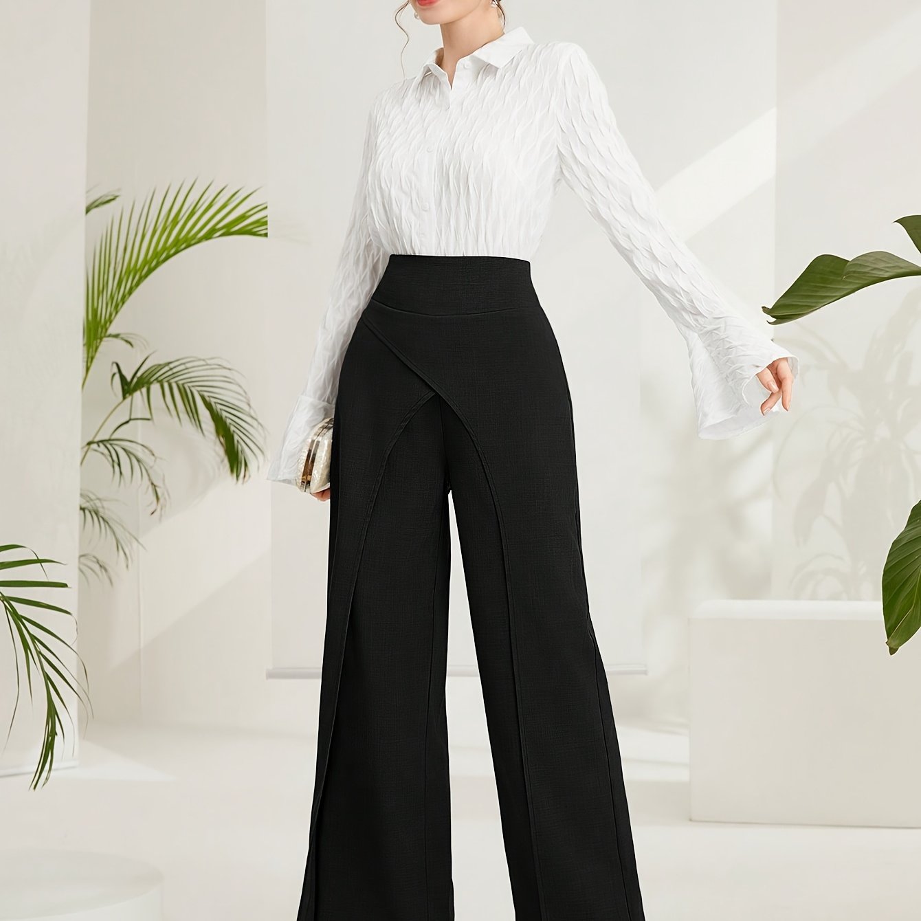 Solid Wide-Leg Layered Pants  | Product Universal