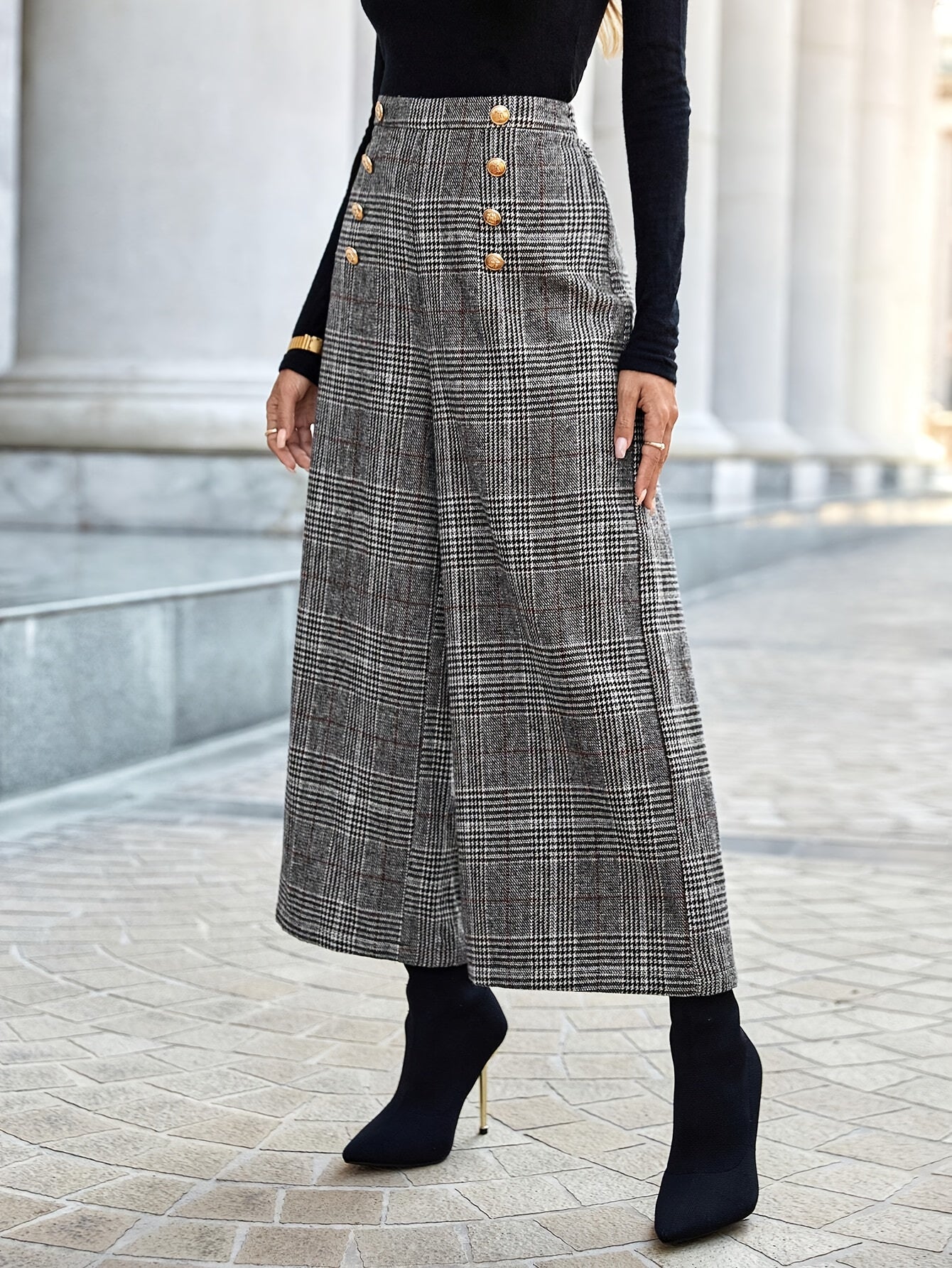 Plaid Button-Decor High-Waist Pants  Elegant Wide-Leg Pants  | Product Universal