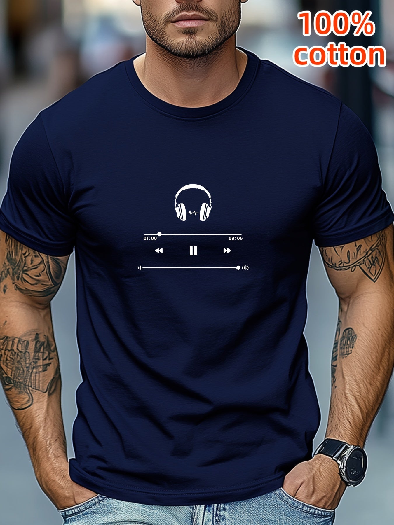 Men's Cotton T-Shirt with Headphones Music Design.