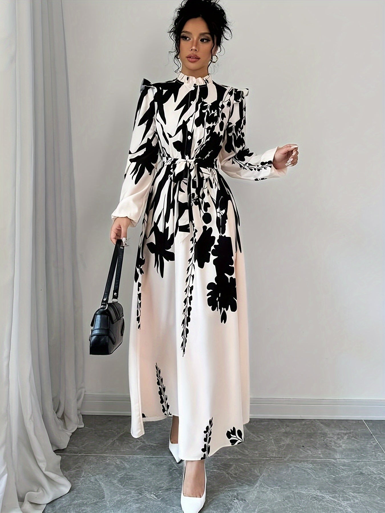 Elegant Floral Print Long Sleeve Dress.