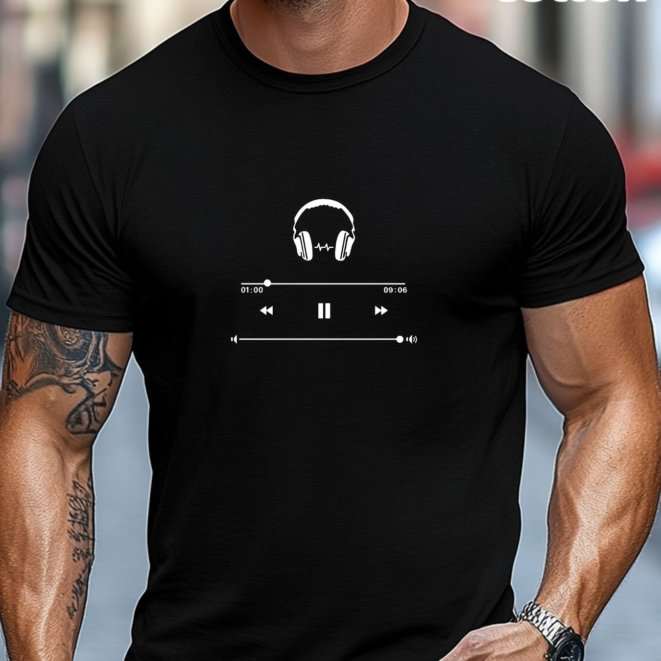 Men's Cotton T-Shirt with Headphones Music Design.