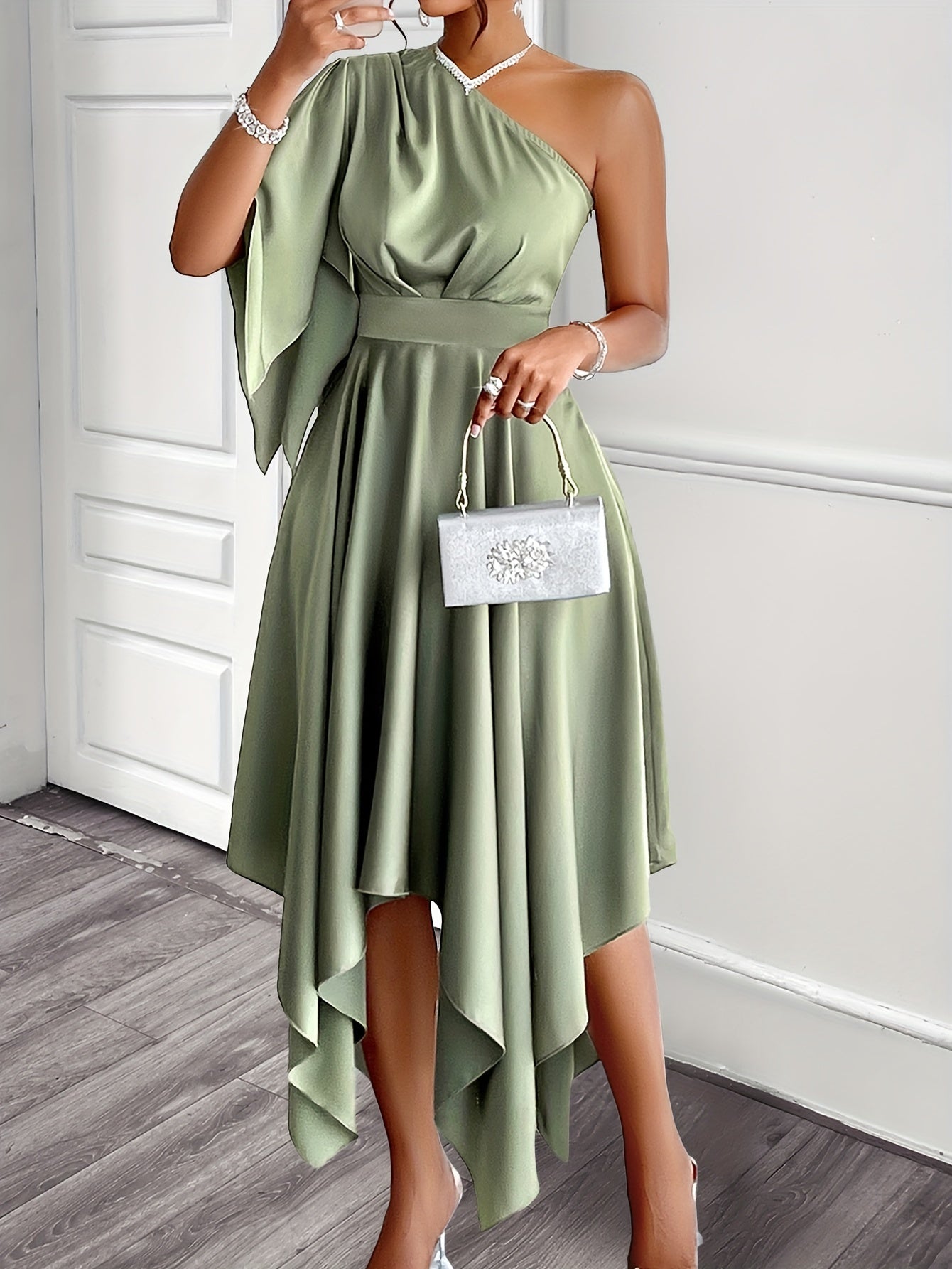 Elegant Asymmetrical One-Shoulder Peplum Dress for Women.