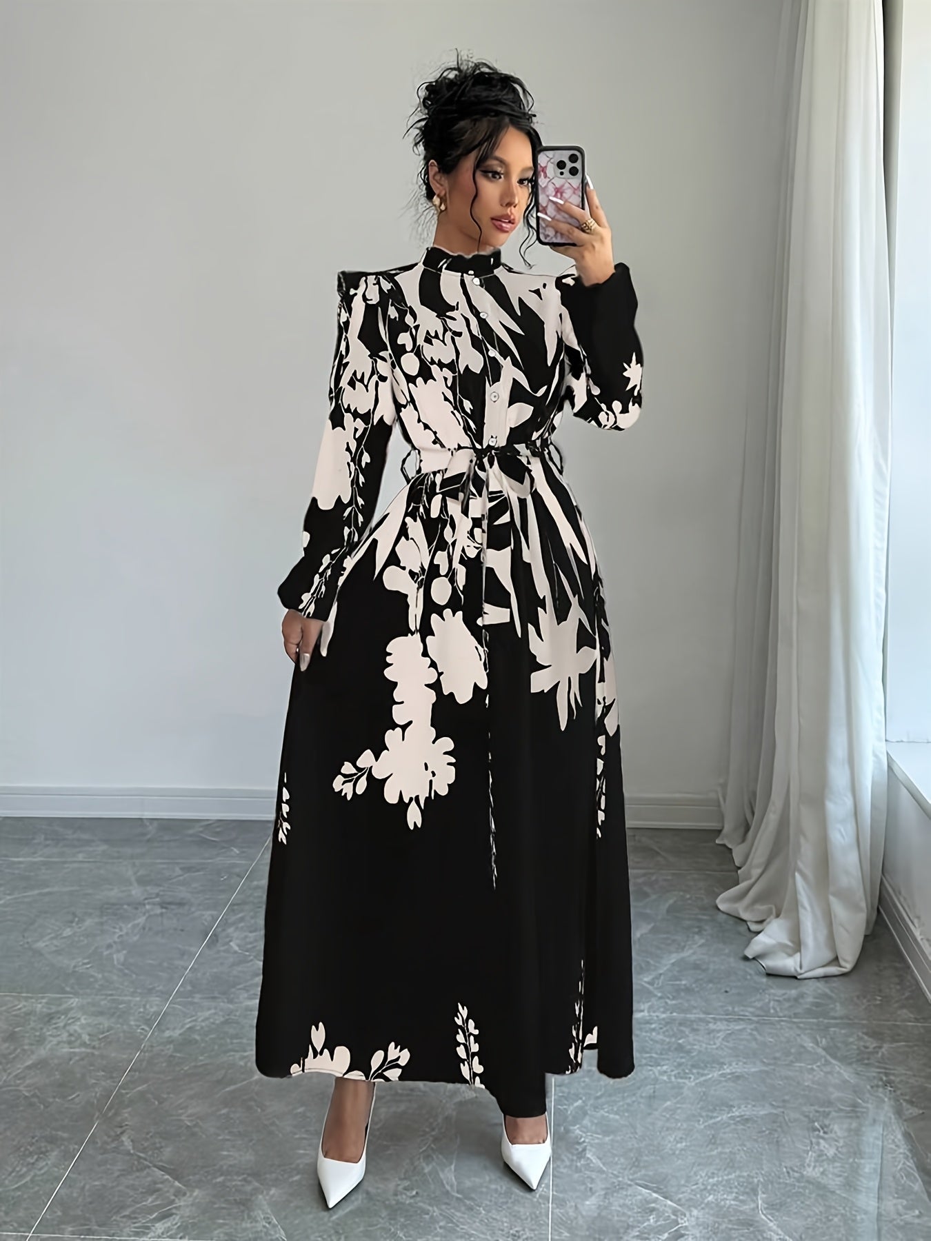 Elegant Floral Print Long Sleeve Dress.