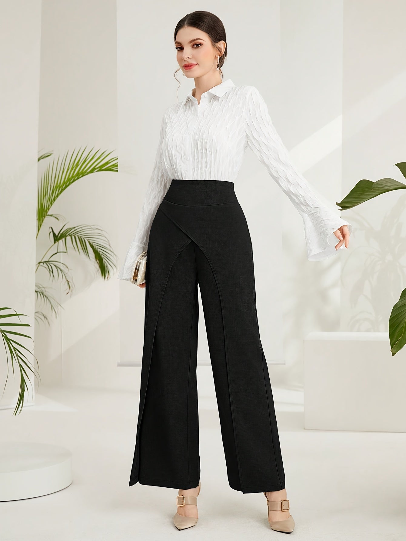 Solid Wide-Leg Layered Pants  | Product Universal