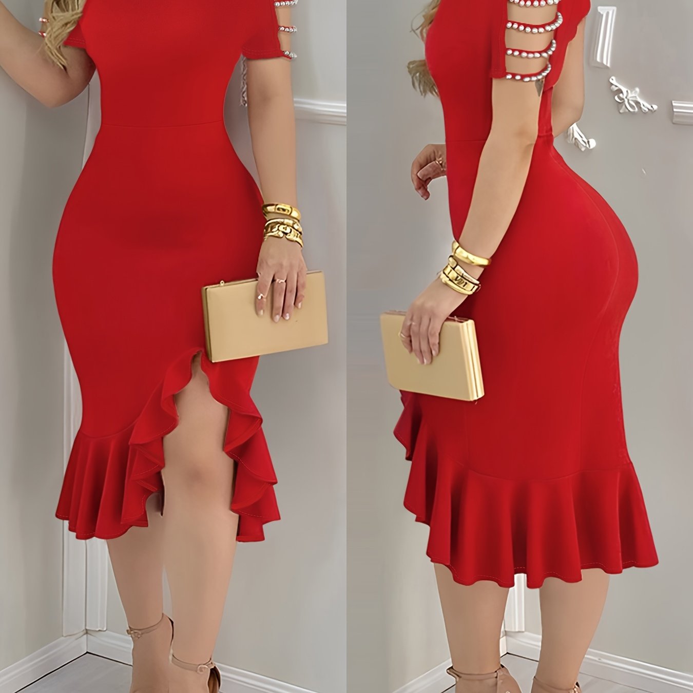 Chic Beaded U-Neck Short Sleeve Ruffle Hem Bodycon Dress,