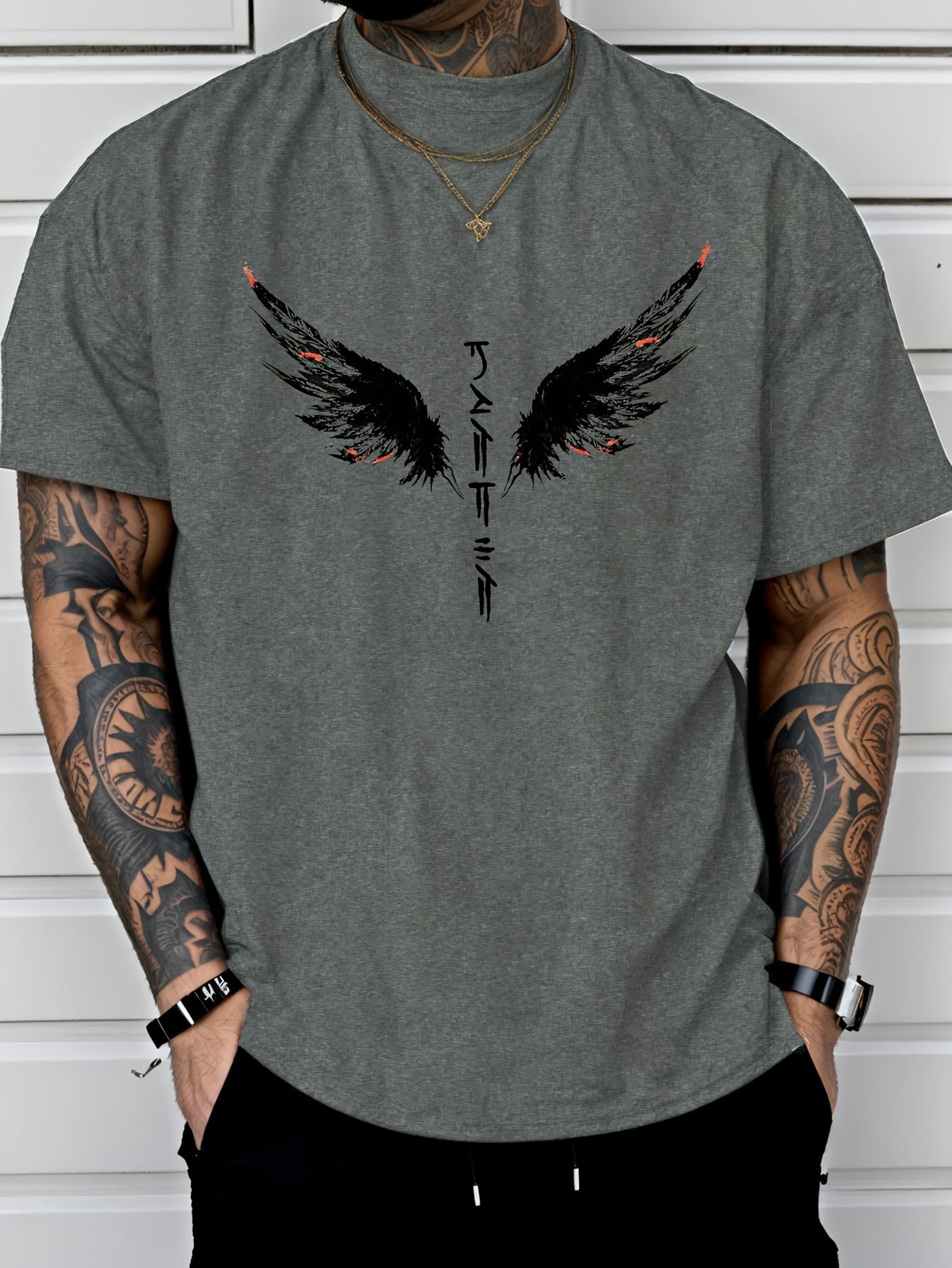 Wings Print Men's Creative Top, Casual Short Sleeve Crew Neck T-shirt, Men's.