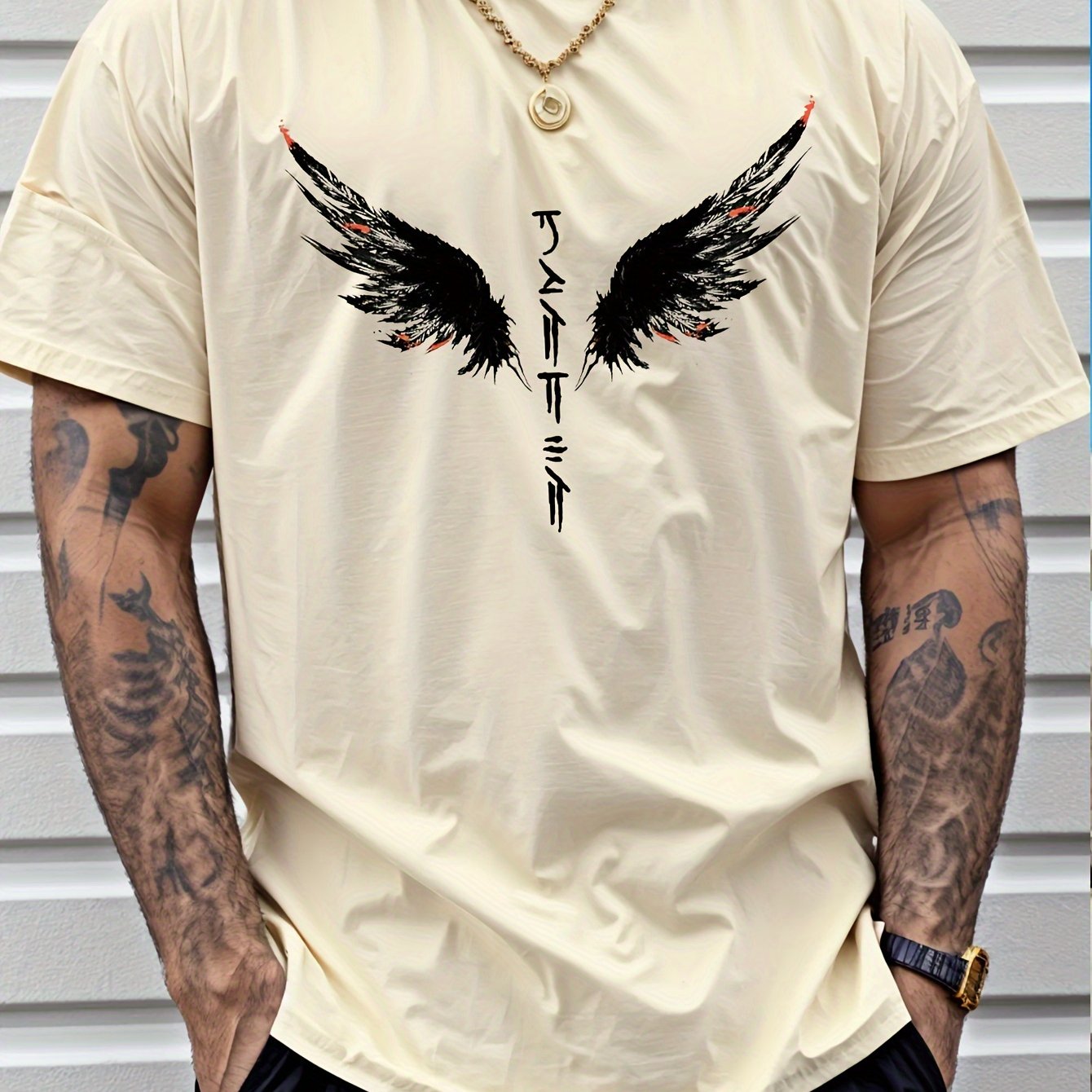 Wings Print Men's Creative Top, Casual Short Sleeve Crew Neck T-shirt, Men's.