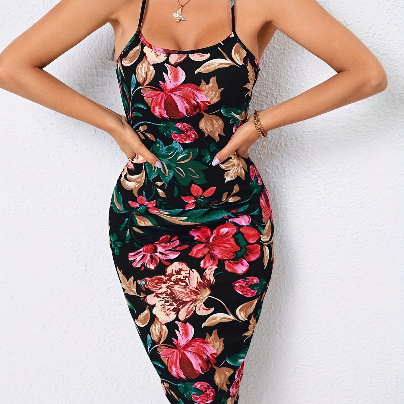 Floral Print Crisscross Backless Dress,