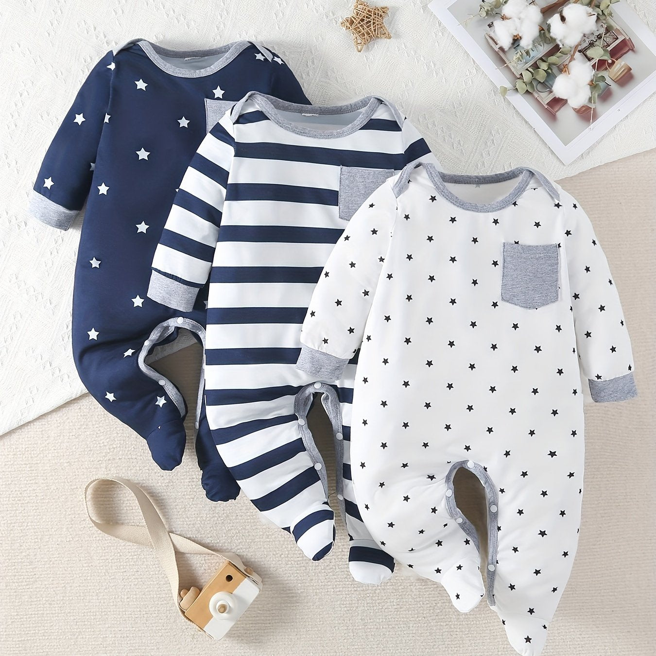 Baby Boys Star Printed Footed Bodysuit 3 Piece Outdoor Set