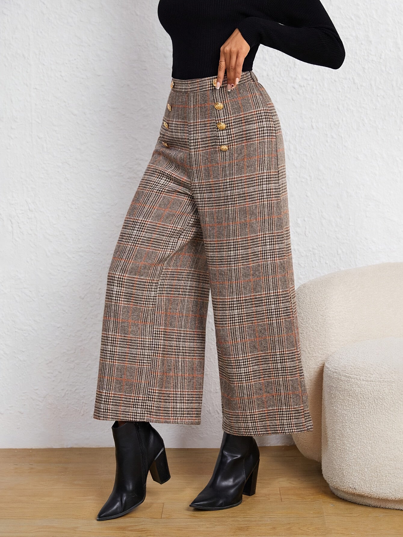 Plaid Button-Decor High-Waist Pants  Elegant Wide-Leg Pants  | Product Universal