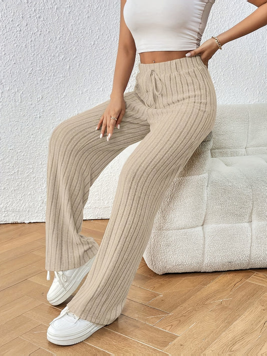 Solid Color Straight-Leg Ribbed Pants with Drawstring Waist | Product Universal