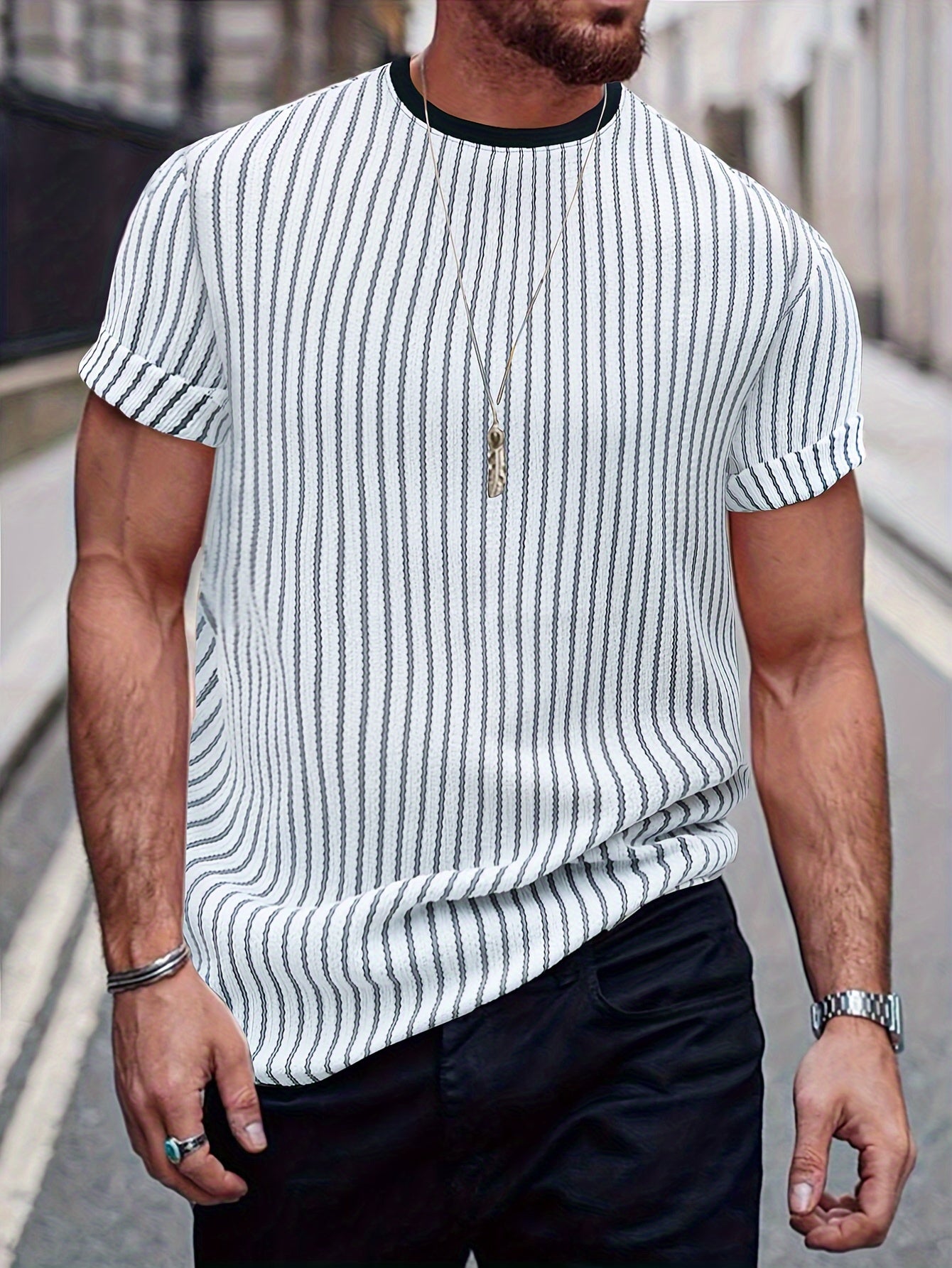 Men's Color Matching Striped T-shirt,